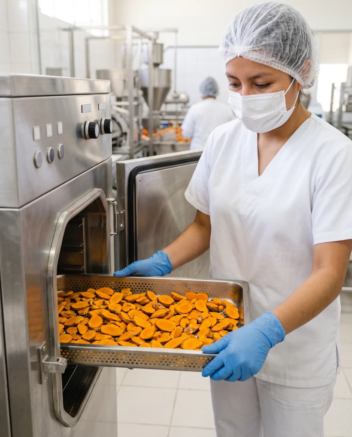 Técnica de alimentos en planta procesadora introduciendo bandeja de cúrcuma en liofilizadora industrial de acero inoxidable